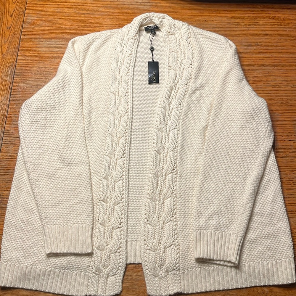 Talbots Cream Cable-Trim Open Front Cardigan